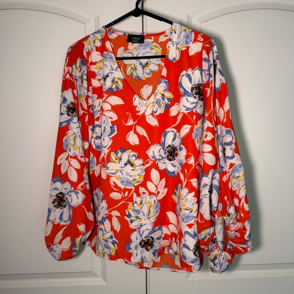 VICI Dolls Red Floral V-Neck Balloon Sleeve Blouse Womens Medium Boho Top